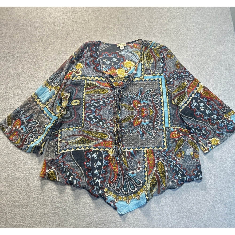 World Unity Tunic Top Bell Sleeve Womens XXL Boho Paisley Patchwork Tassel Tie